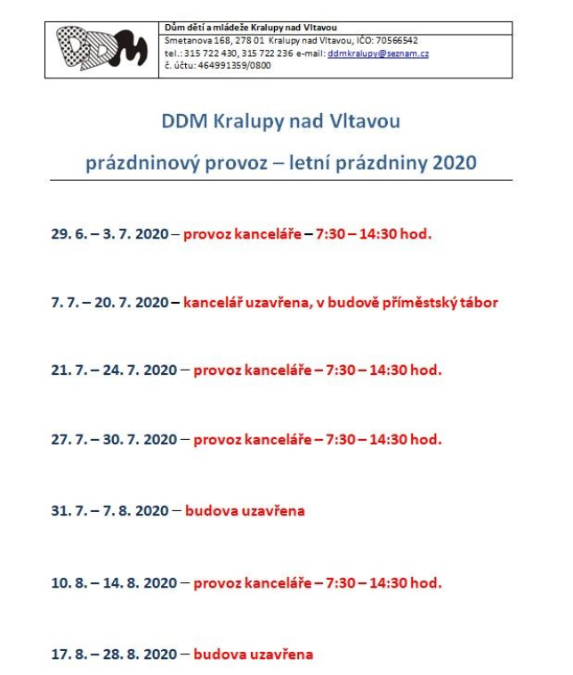 DDM Kralupy - prázdninový provoz 2020