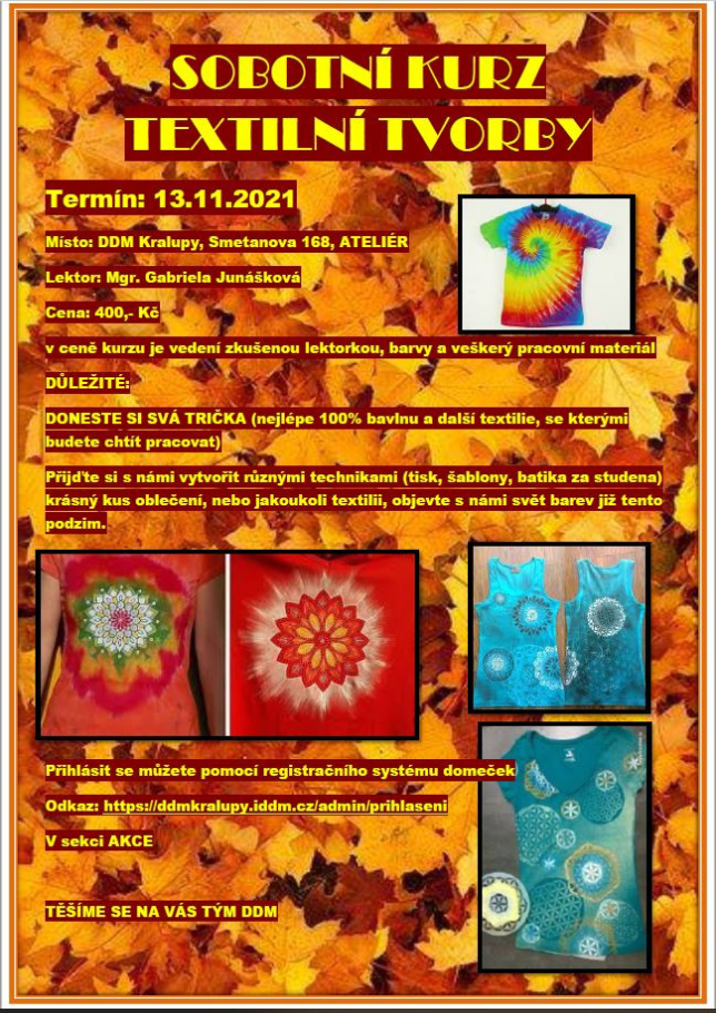 Sobotní kurz Textilní tvorby - 13. 11. 2021 od 13:00 hod.