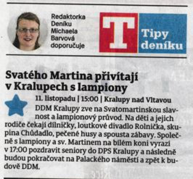 Svatomartinská slavnost a lampionový průvod již tento čtvrtek 11. 11. 2021 od 15:00 hod.!