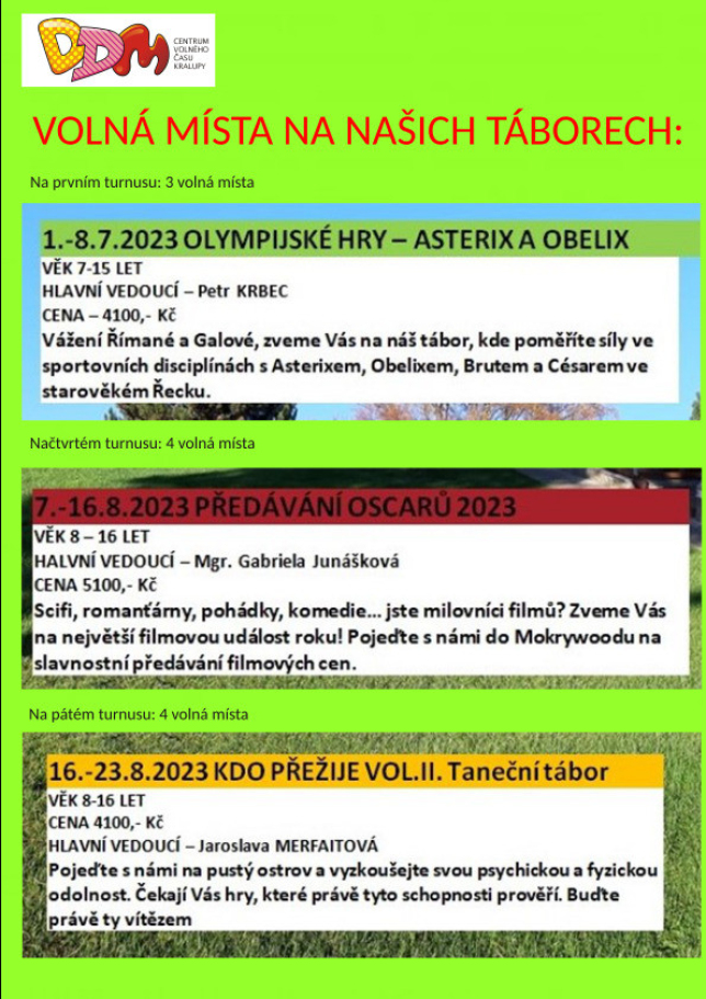 Volná místa na našich táborech